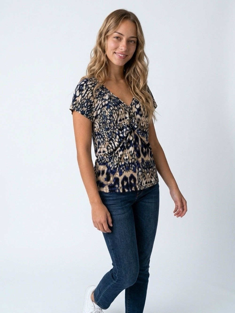 Miss Tina Women's XL Blue Leopard Print Short Sleeve Blouse Casual Top